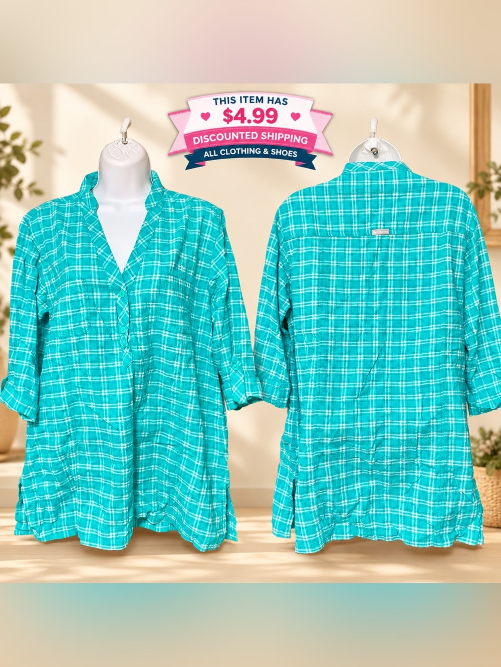 Columbia Rad Plaid Turquoise (3/4) Roll-Up Button Sleeve Top Women’s Large NEW